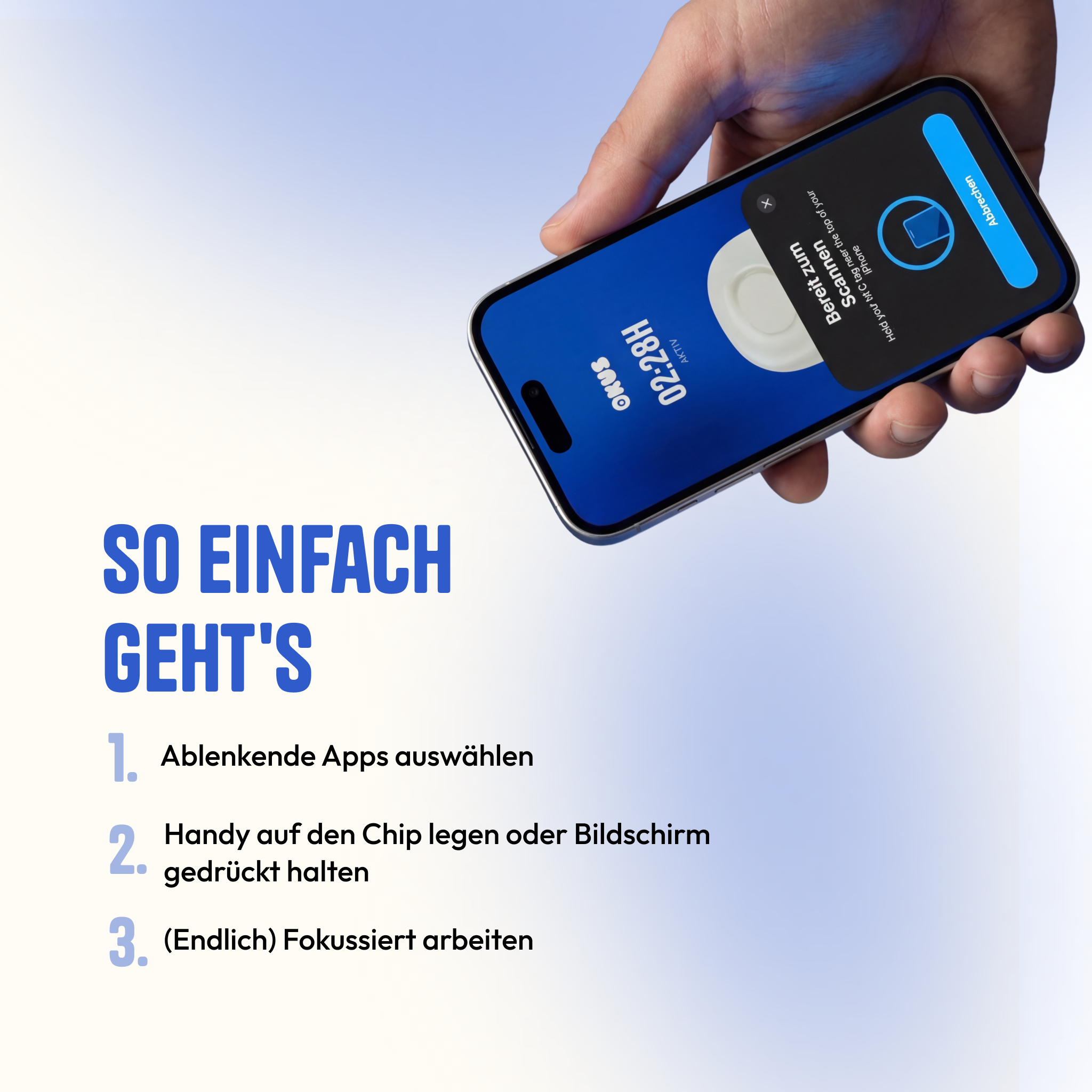 Hand holding a smartphone with a focus app displayed, on a gradient blue background.