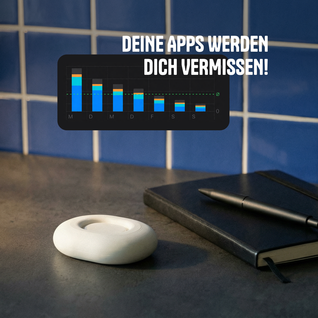 Digital display showing app usage on a table with a notebook and pen, against a blue tiled wall.