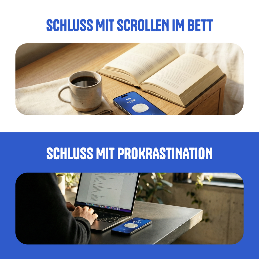Two images: one of a coffee cup, book, and phone on a table with text 'SCHLUSS MIT SCROLLEN IM BETT', and another of a person using a laptop with text 'SCHLUSS MIT PROKRASTINATION'.